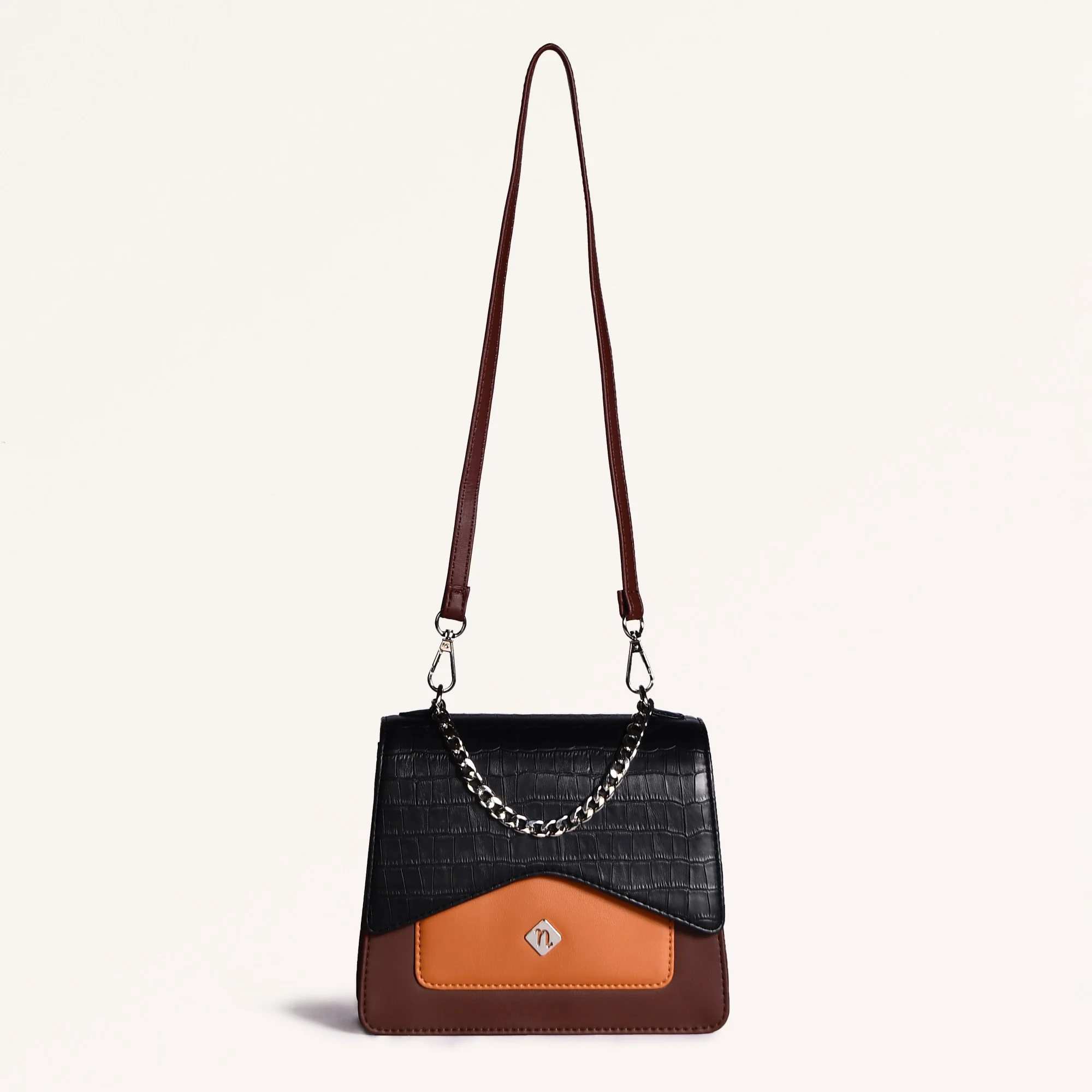 Croco Brown And Orange Handheld Bag - Image 2