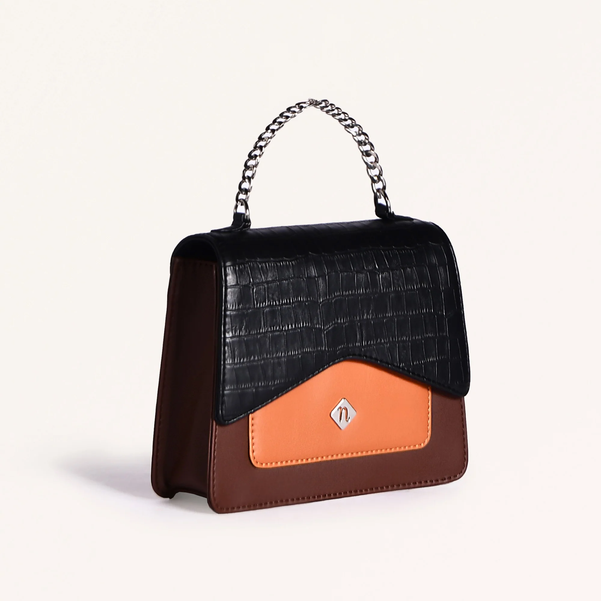 Croco Brown And Orange Handheld Bag - Image 9