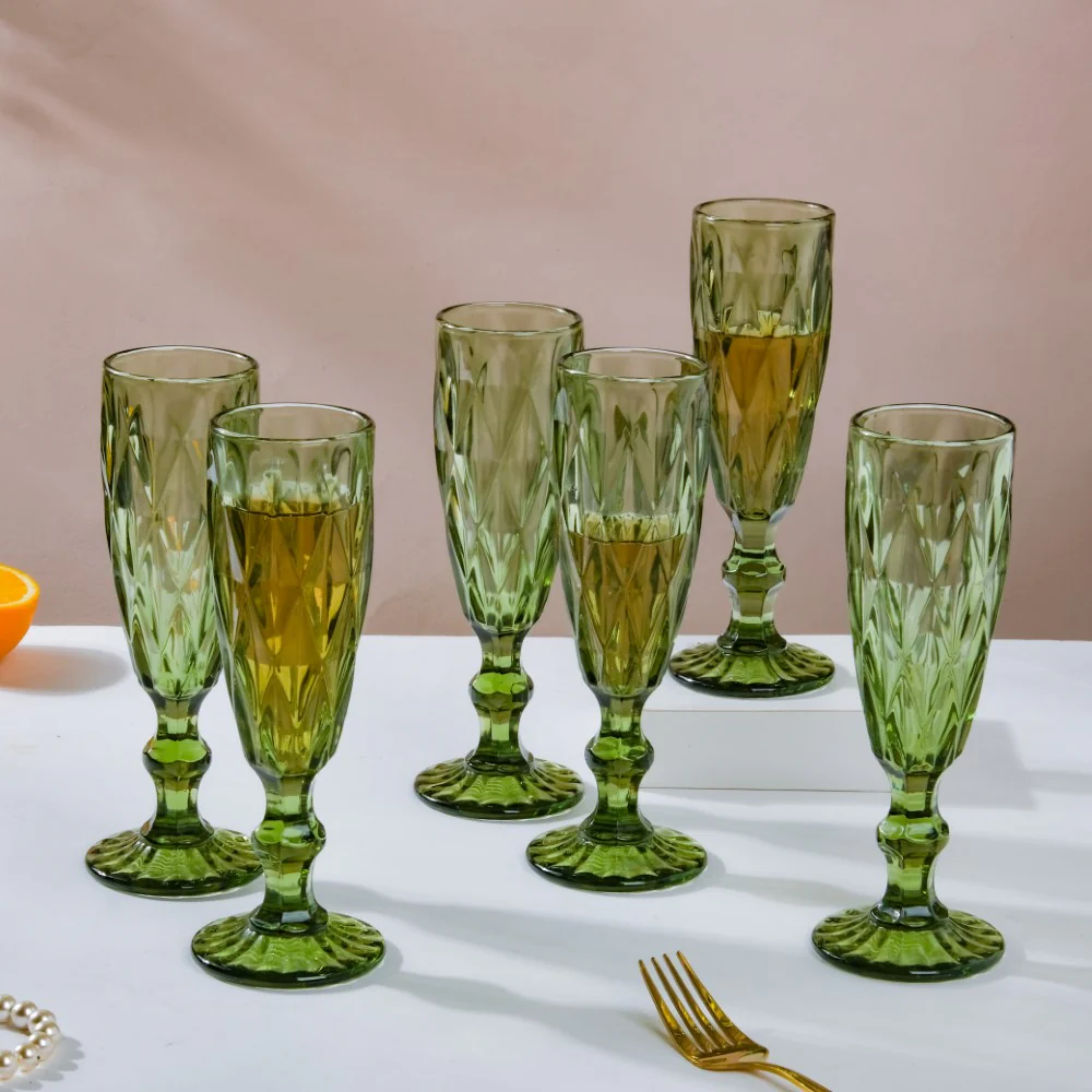 Crystal Textured Champagne Glass Green Set Of 6 150 ml - Image 4