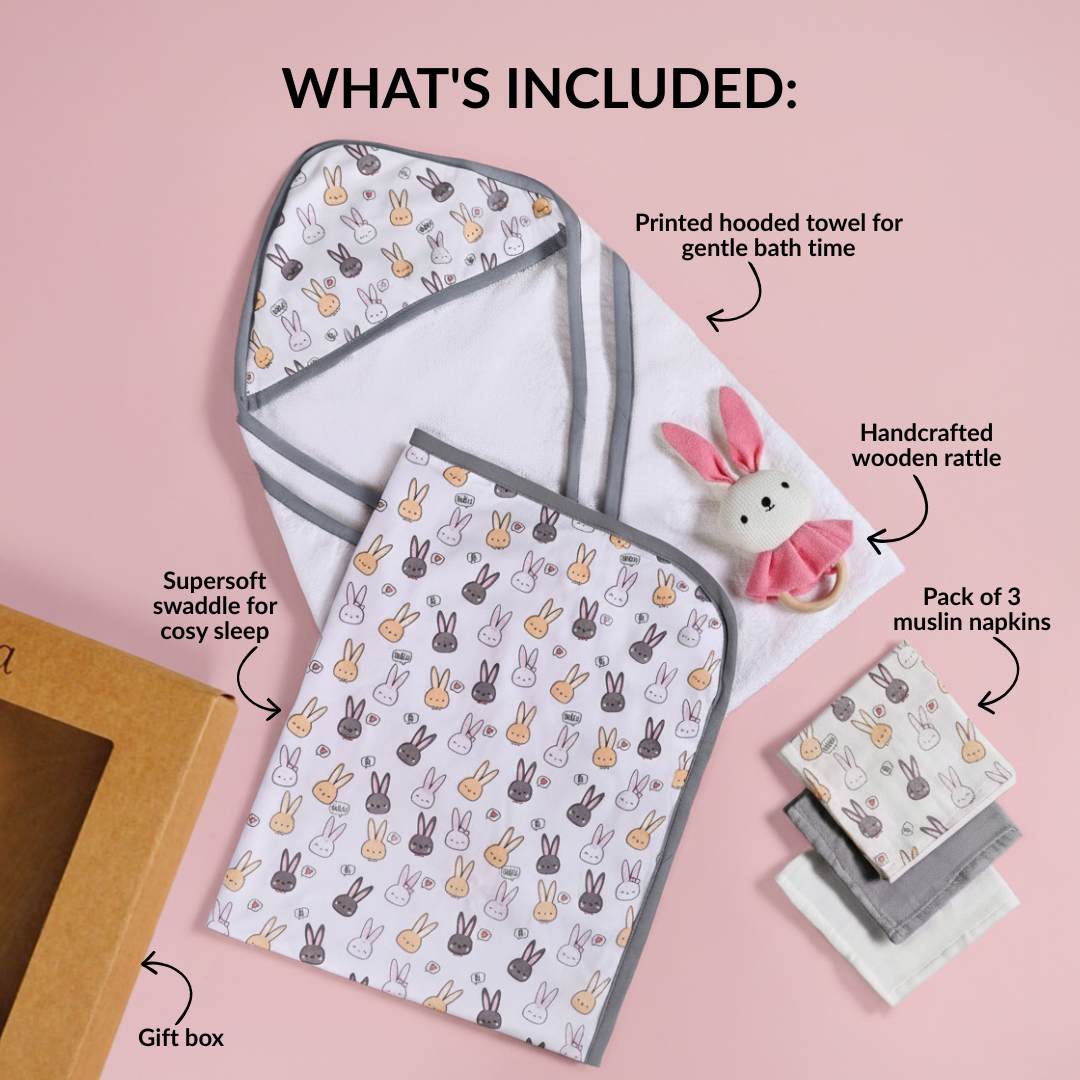 Cuddle Bunny Baby Hamper With Swaddle Towel Napkin Rattle Set Of 6 - Image 3