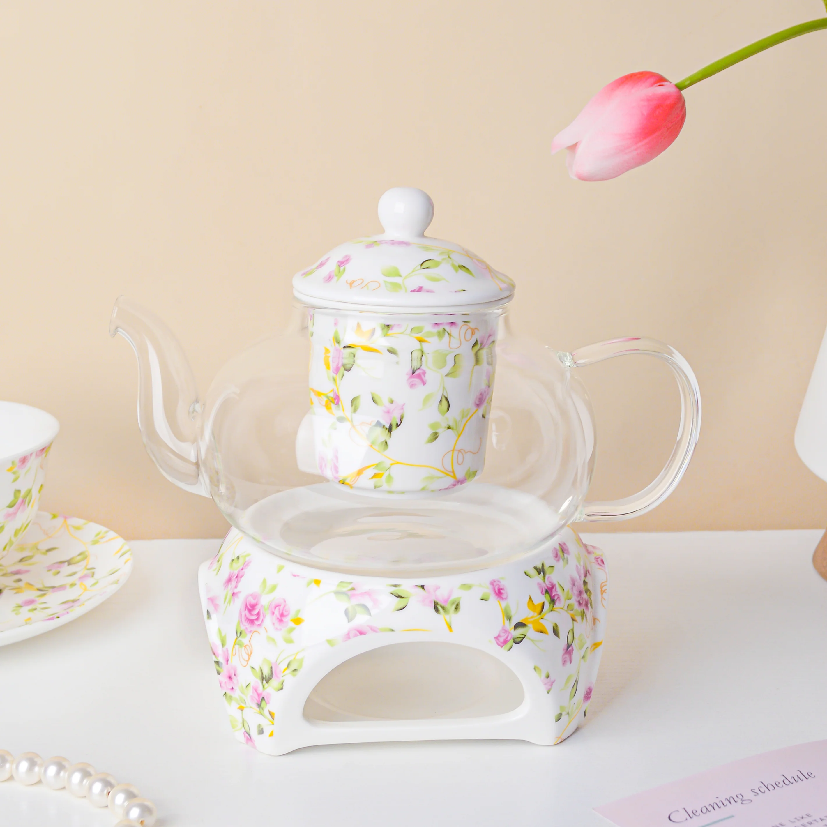 Daffodil Yellow And Pink Glass Teapot With Warmer Base 700 ml - Image 8