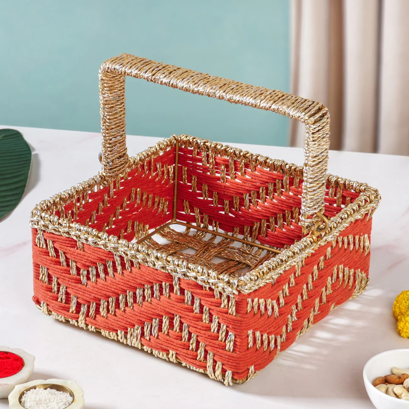 Decorative Handwoven Gift Basket With Handle Orange - Image 7