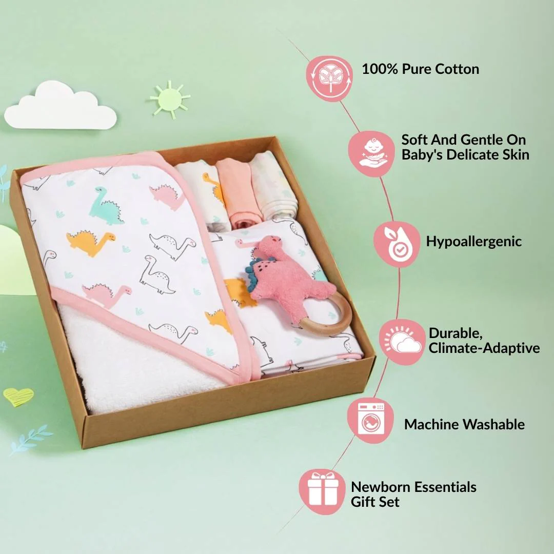 Dino Baby Hamper With Swaddle Towel Napkin Rattle Set Of 6 - Image 2