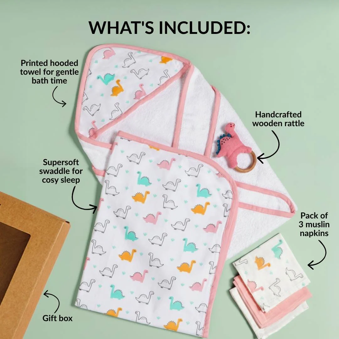 Dino Baby Hamper With Swaddle Towel Napkin Rattle Set Of 6 - Image 3