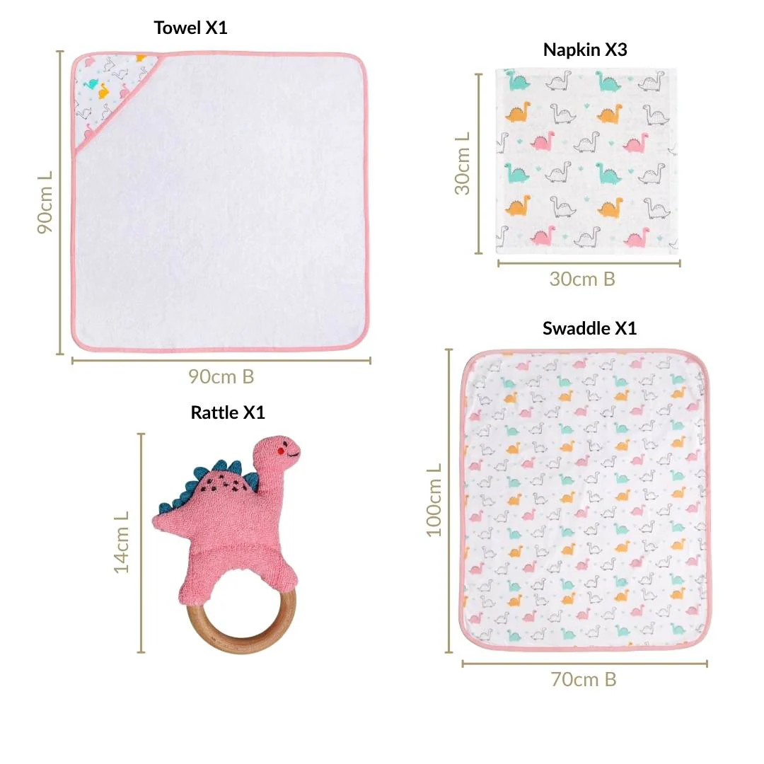 Dino Baby Hamper With Swaddle Towel Napkin Rattle Set Of 6 - Image 4