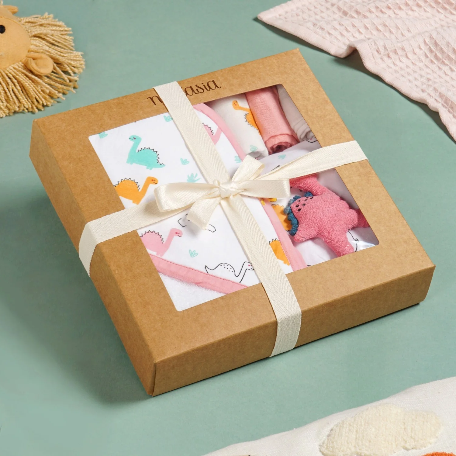 Dino Baby Hamper With Swaddle Towel Napkin Rattle Set Of 6 - Image 5