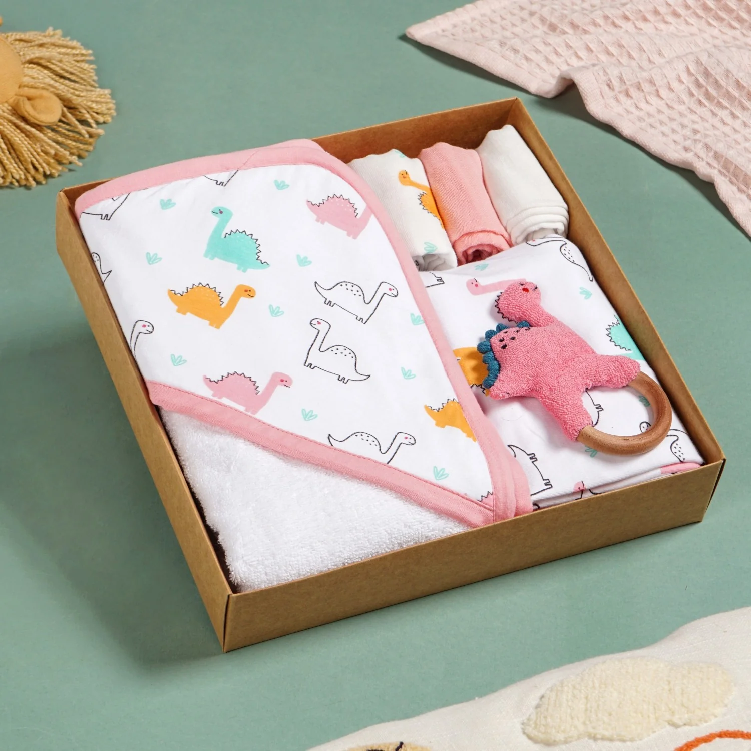 Dino Baby Hamper With Swaddle Towel Napkin Rattle Set Of 6 - Image 6
