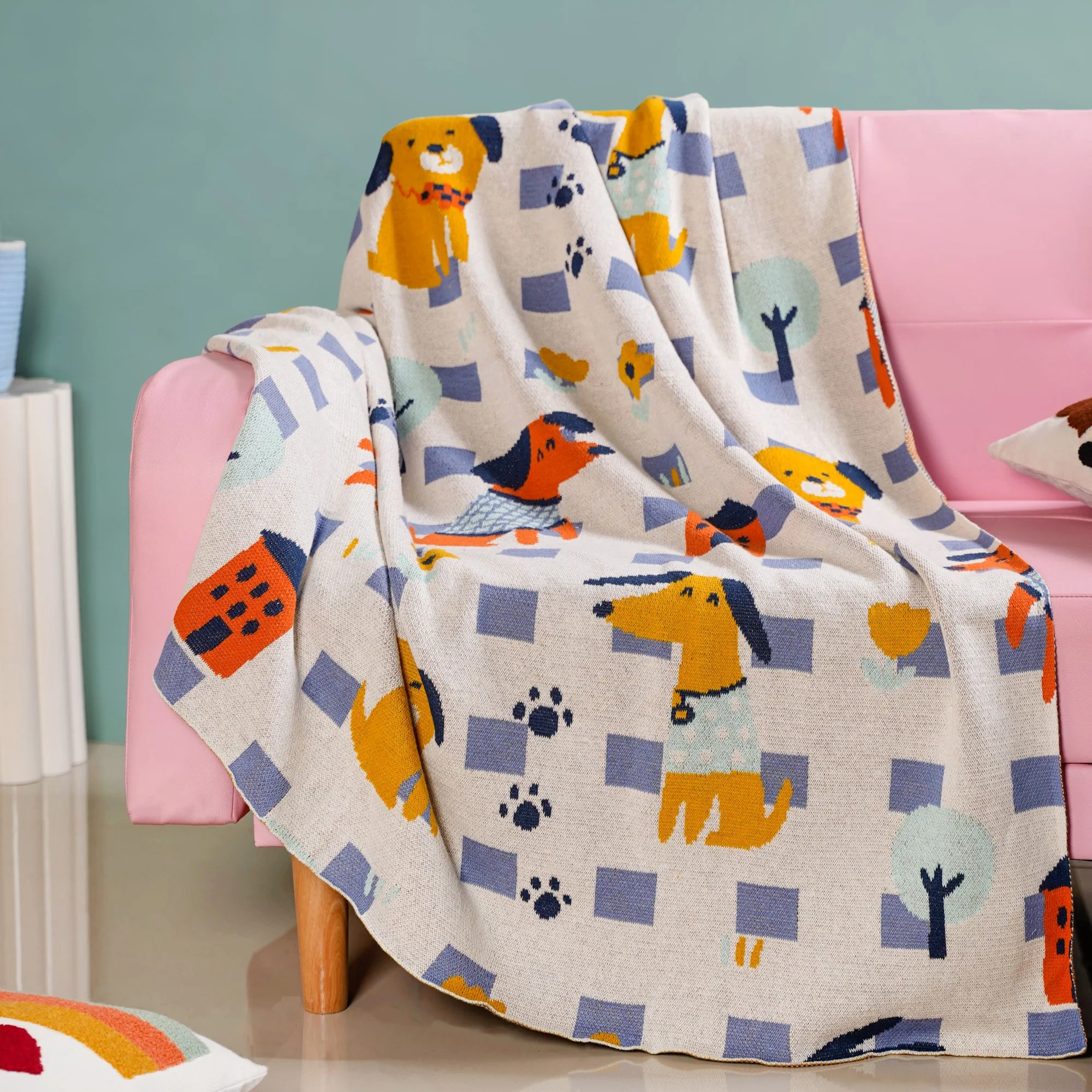 Dog Park Knitted Cotton Throw Blanket For Kids 155x132cm