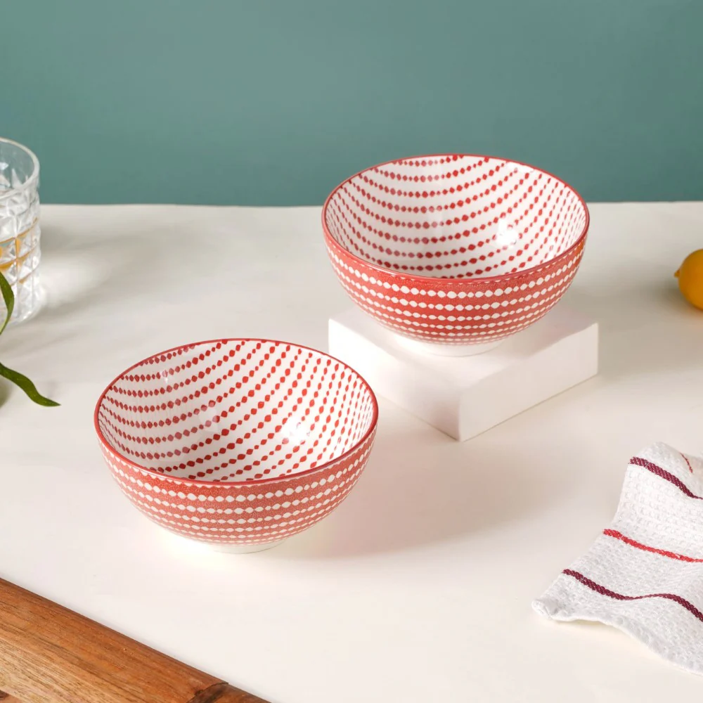 Dots Patterned Snack Bowl Set Of 2 Red 500ml - Image 3