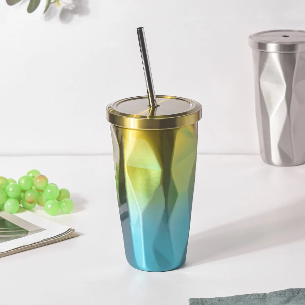 Double Walled Ombre Tumbler With Straw Yellow 500ml
