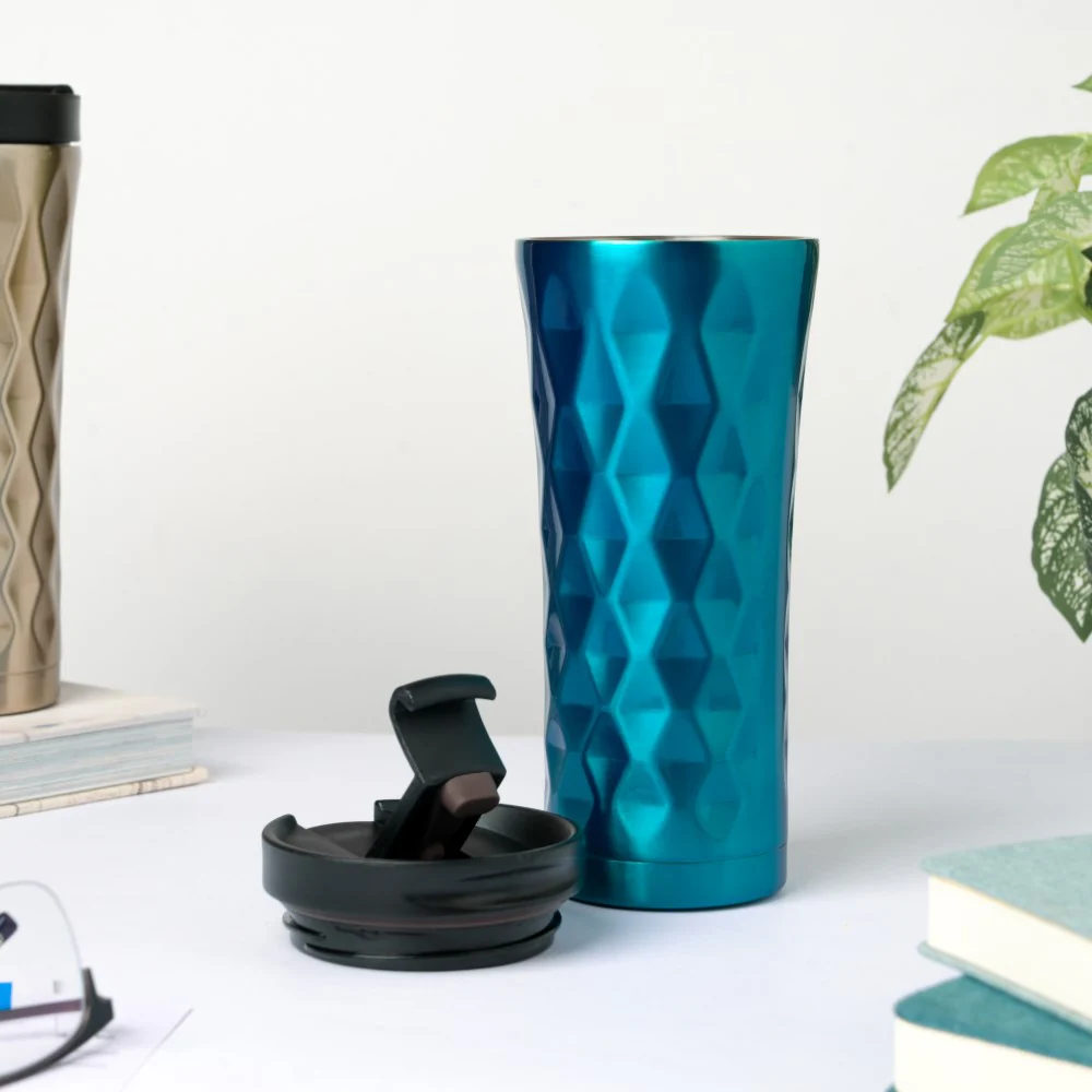 Double Walled Travel Tumbler Blue With Flip Lid 500ml - Image 4