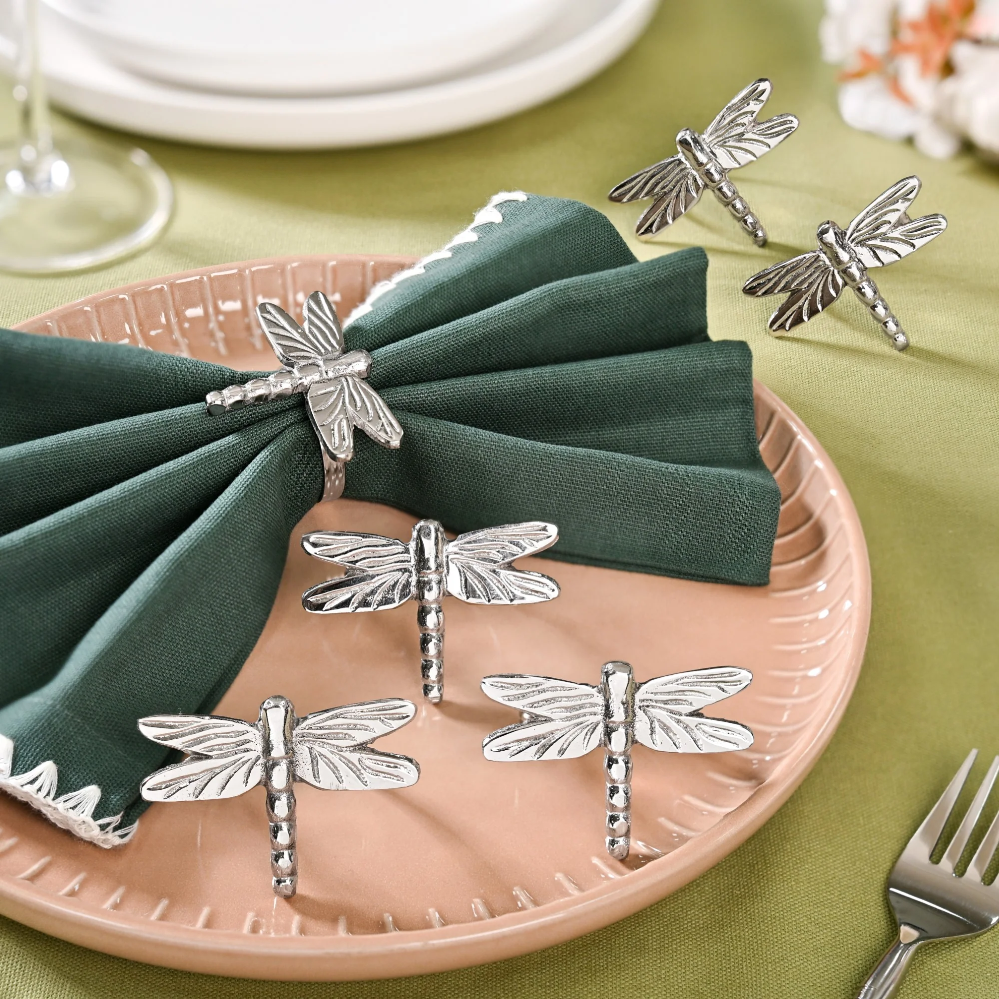 Dragonfly Pure Brass Napkin Ring Set Of 6 Silver