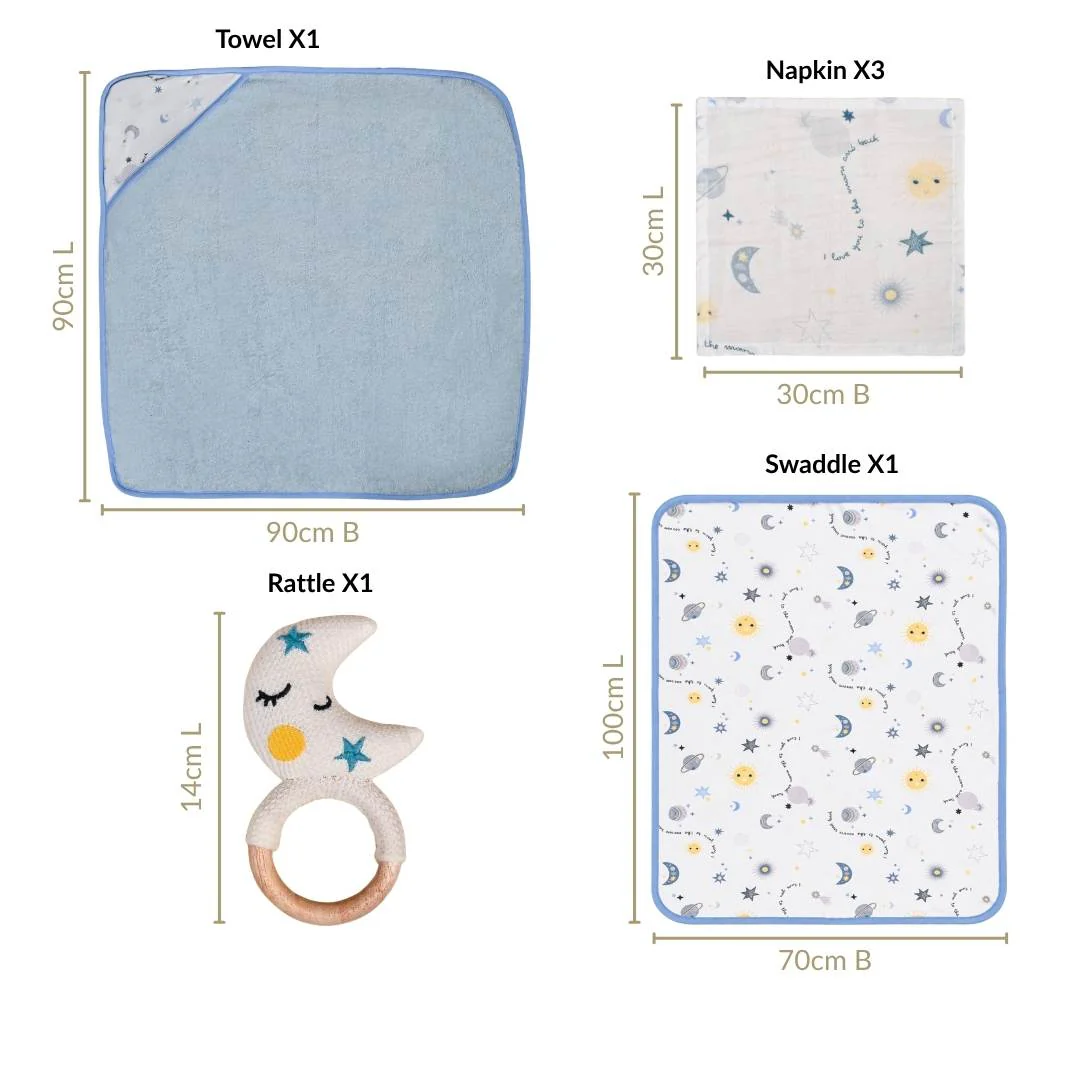 Dreamy Baby Gift Hamper With Swaddle Towel Napkin Rattle Set Of 6 - Image 5