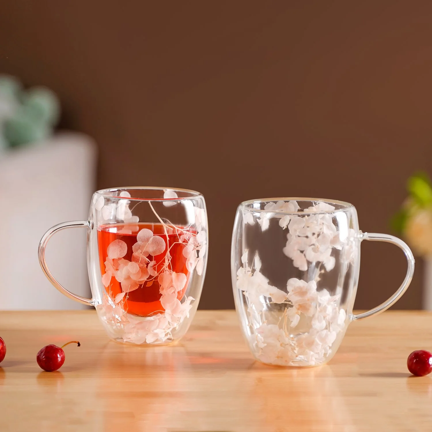 Dried Flowers Inside Double Glass Coffee Mug Set Of 2 350ml