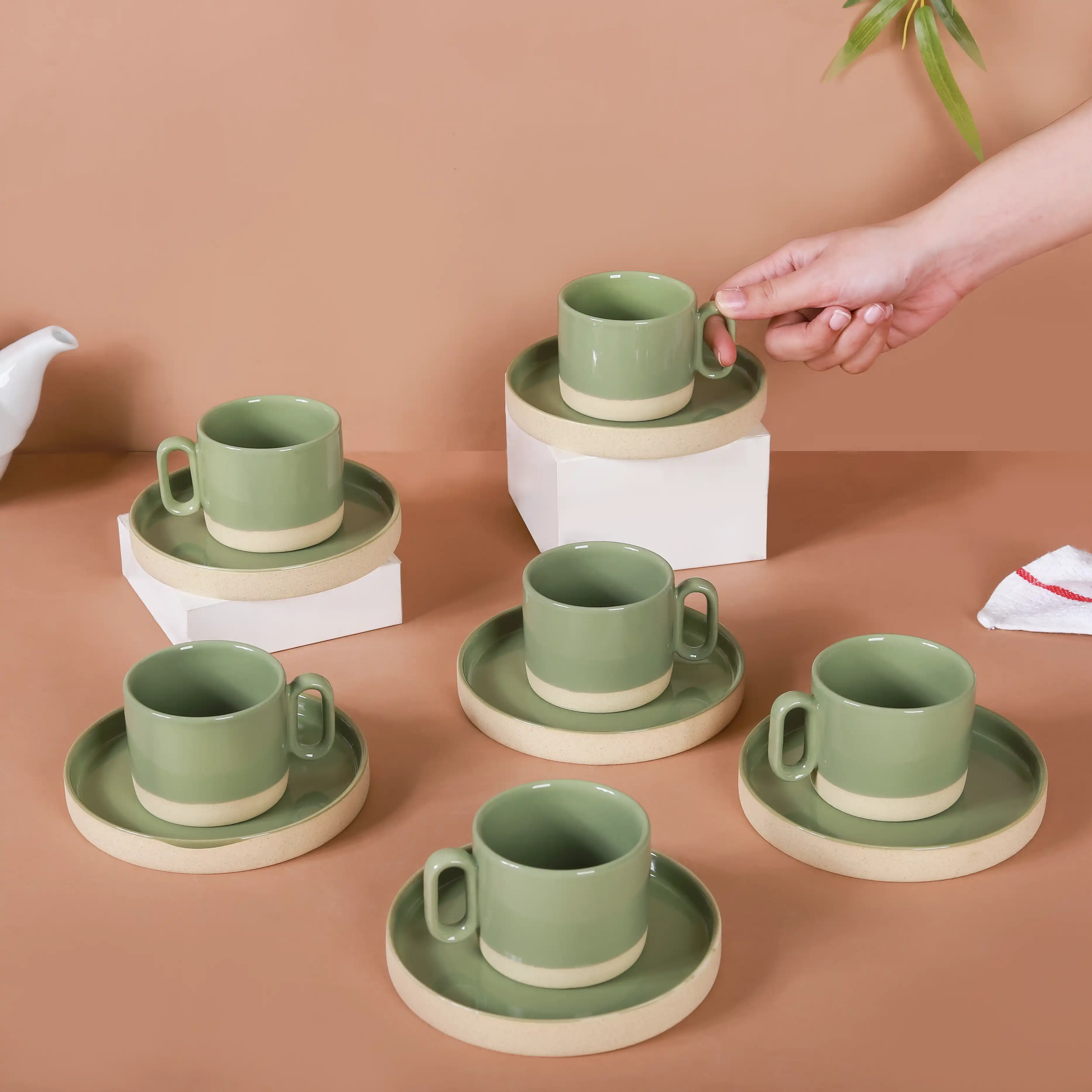 Earthy Clay Cup And Saucer Set Of 6 Sage Green 100ml - Image 2