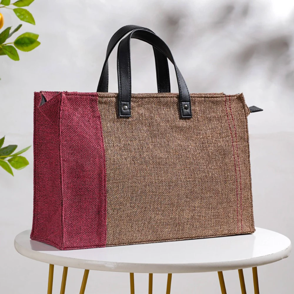 Eco Friendly Jute Lunch Bag Beige And Red 15 x 10 Inch - Image 11
