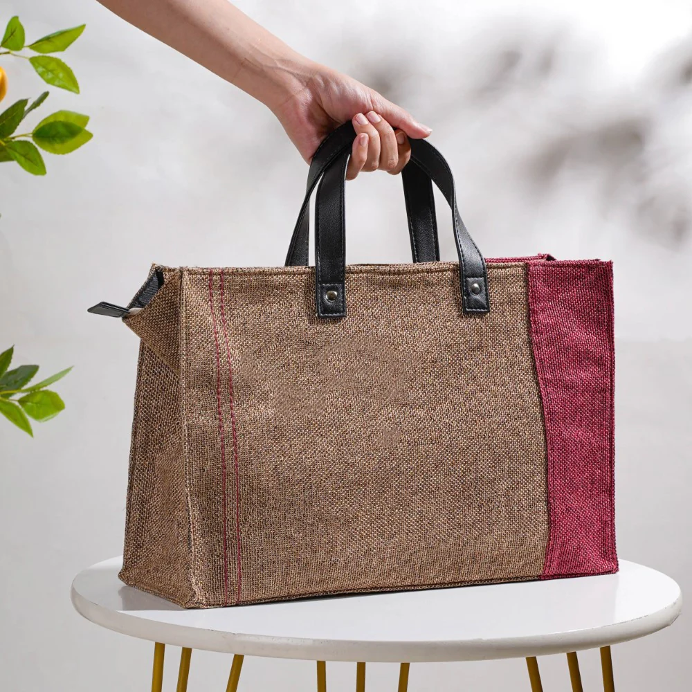 Eco Friendly Jute Lunch Bag Beige And Red 15 x 10 Inch - Image 8