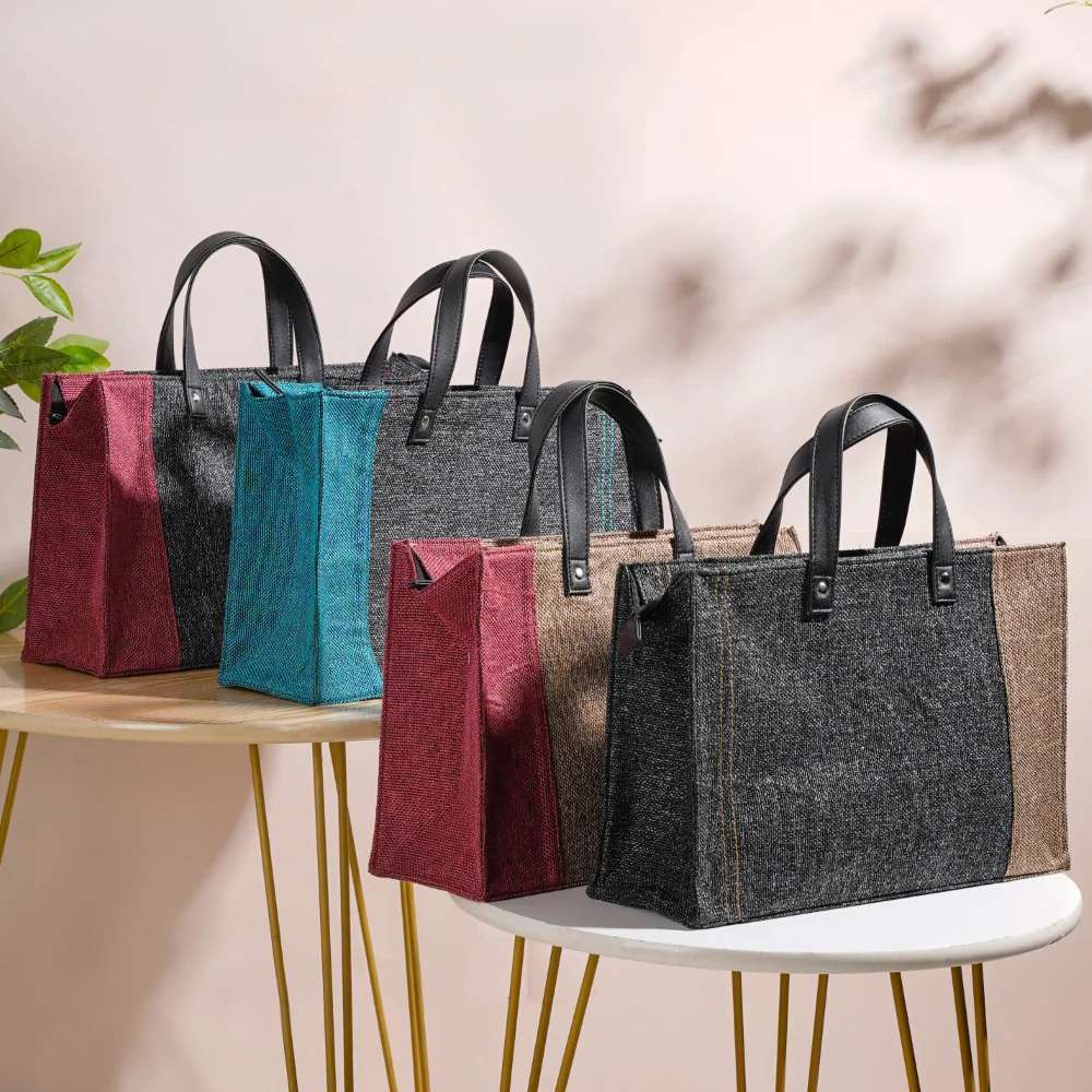 Eco Friendly Jute Lunch Bag Black And Beige 15 x 10 Inch - Image 17