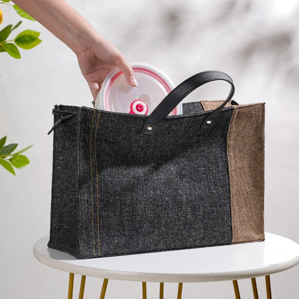 Eco Friendly Jute Lunch Bag Black And Beige 15 x 10 Inch - Image 3
