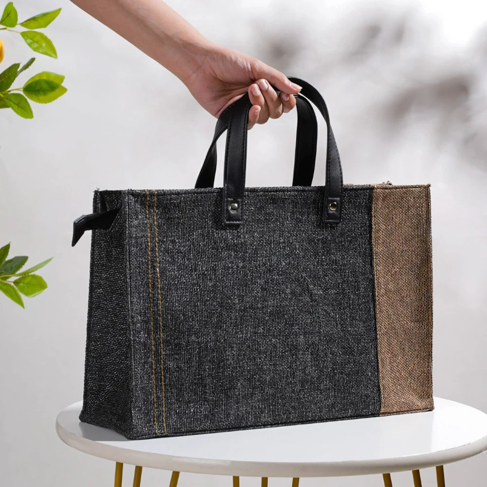 Eco Friendly Jute Lunch Bag Black And Beige 15 x 10 Inch - Image 5