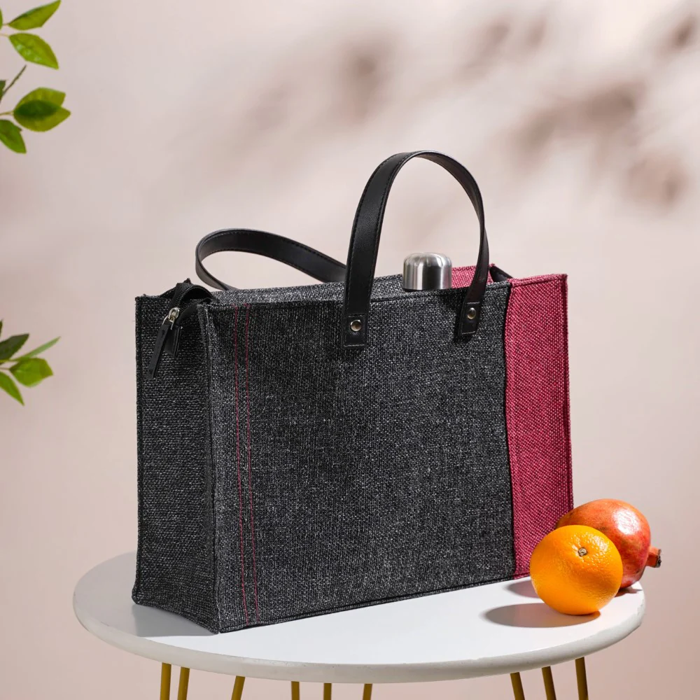 Eco Friendly Jute Lunch Bag Black And Red 15 x 10 Inch - Image 6