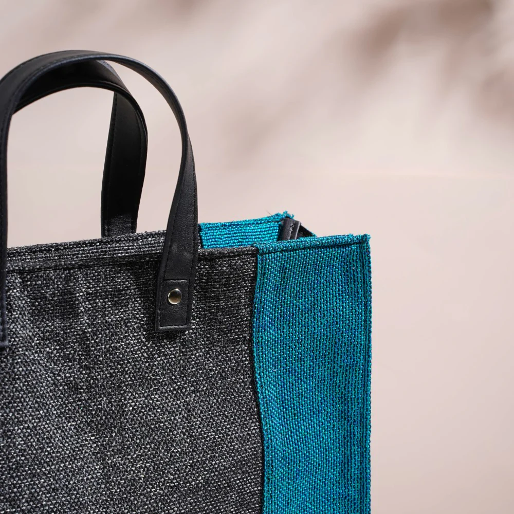 Eco Friendly Jute Lunch Bag Black And Teal 15 x 10 Inch - Image 14