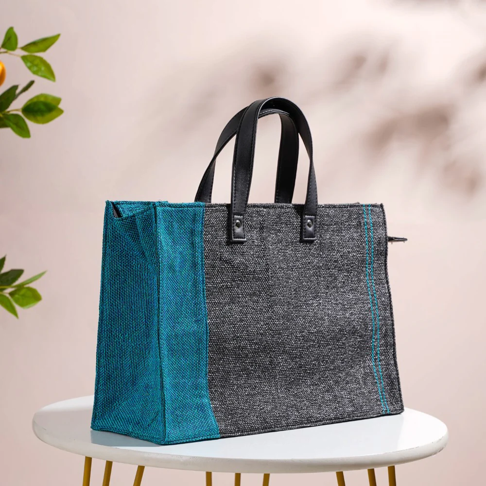 Eco Friendly Jute Lunch Bag Black And Teal 15 x 10 Inch - Image 16
