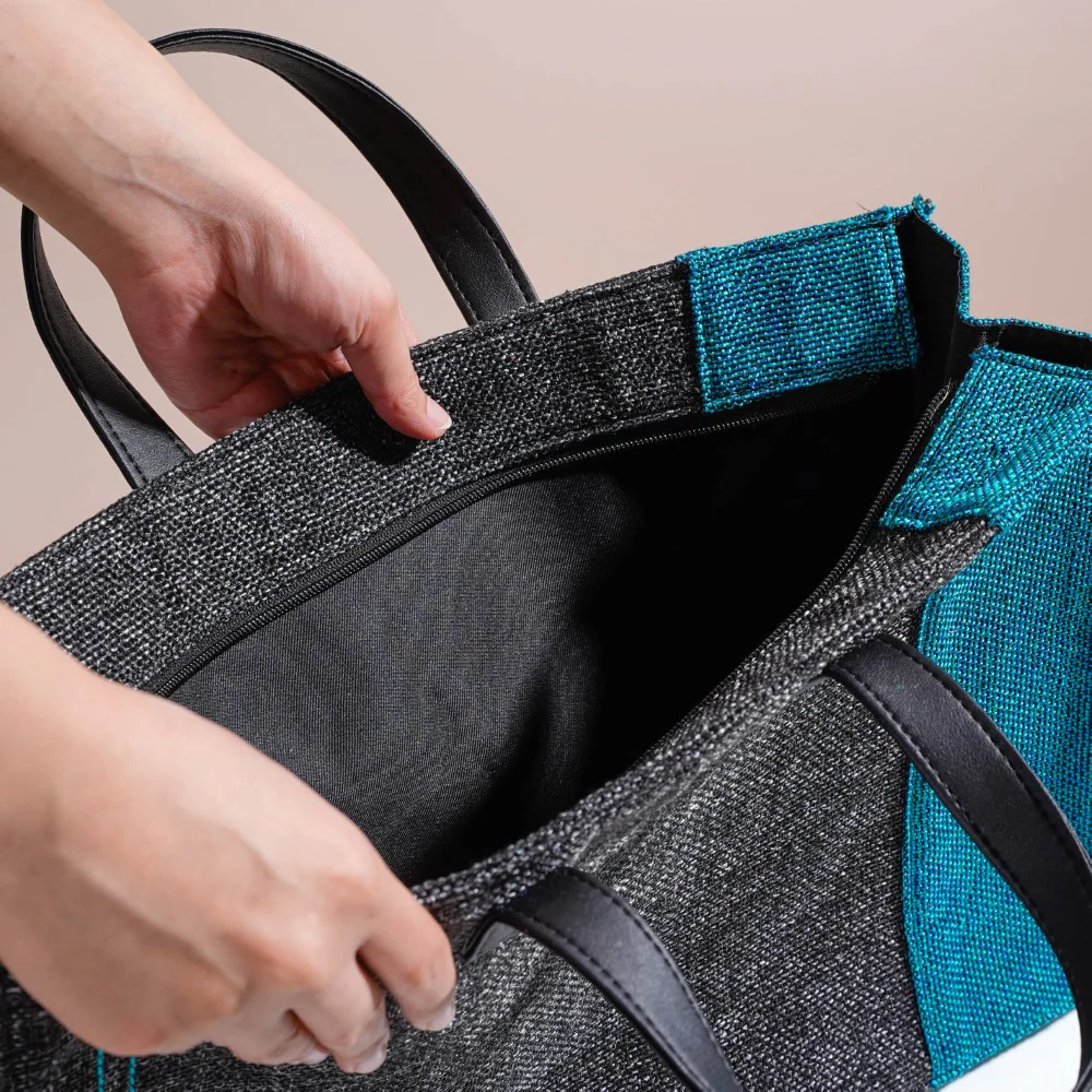 Eco Friendly Jute Lunch Bag Black And Teal 15 x 10 Inch - Image 7