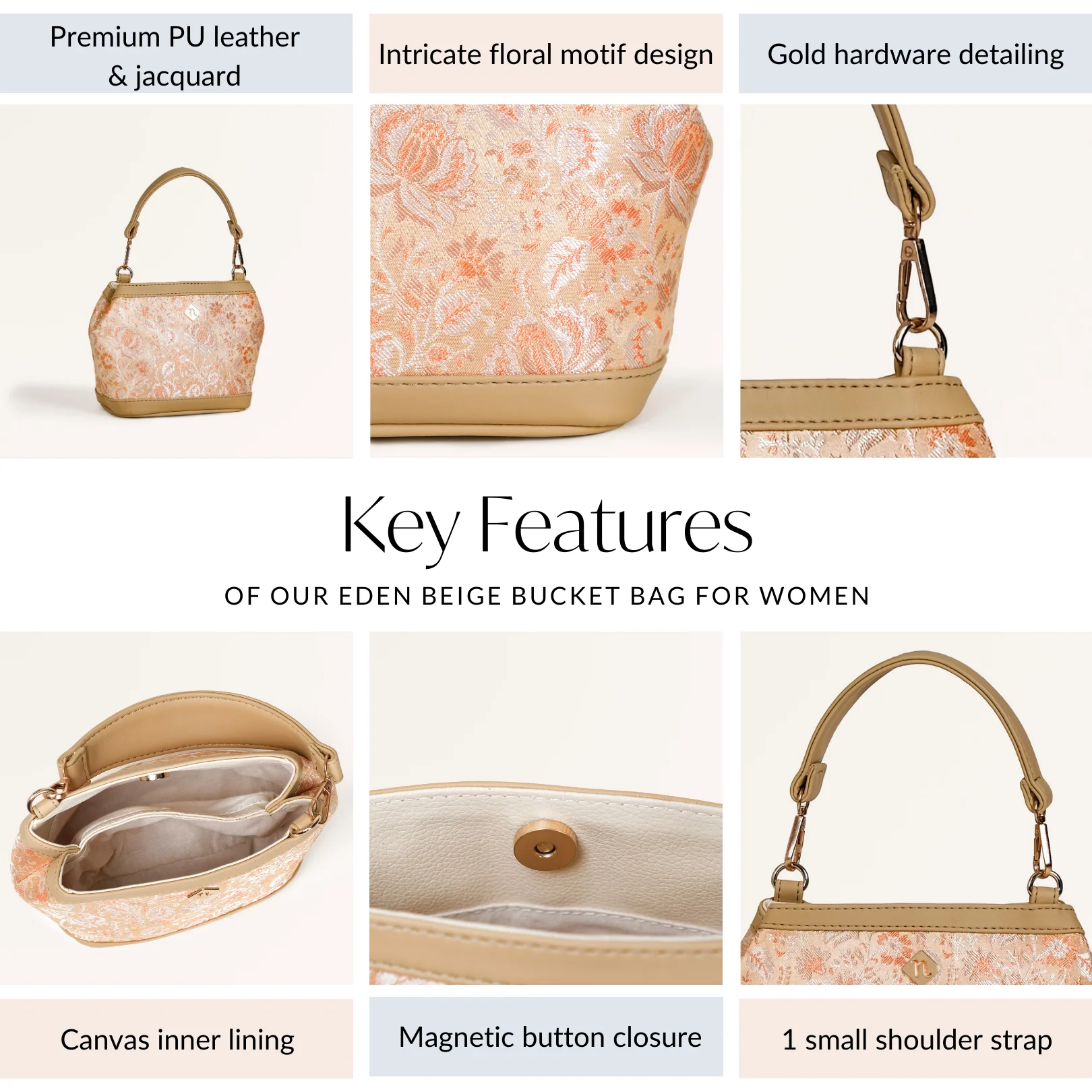 Eden Beige Bucket Bag For Women - Image 6
