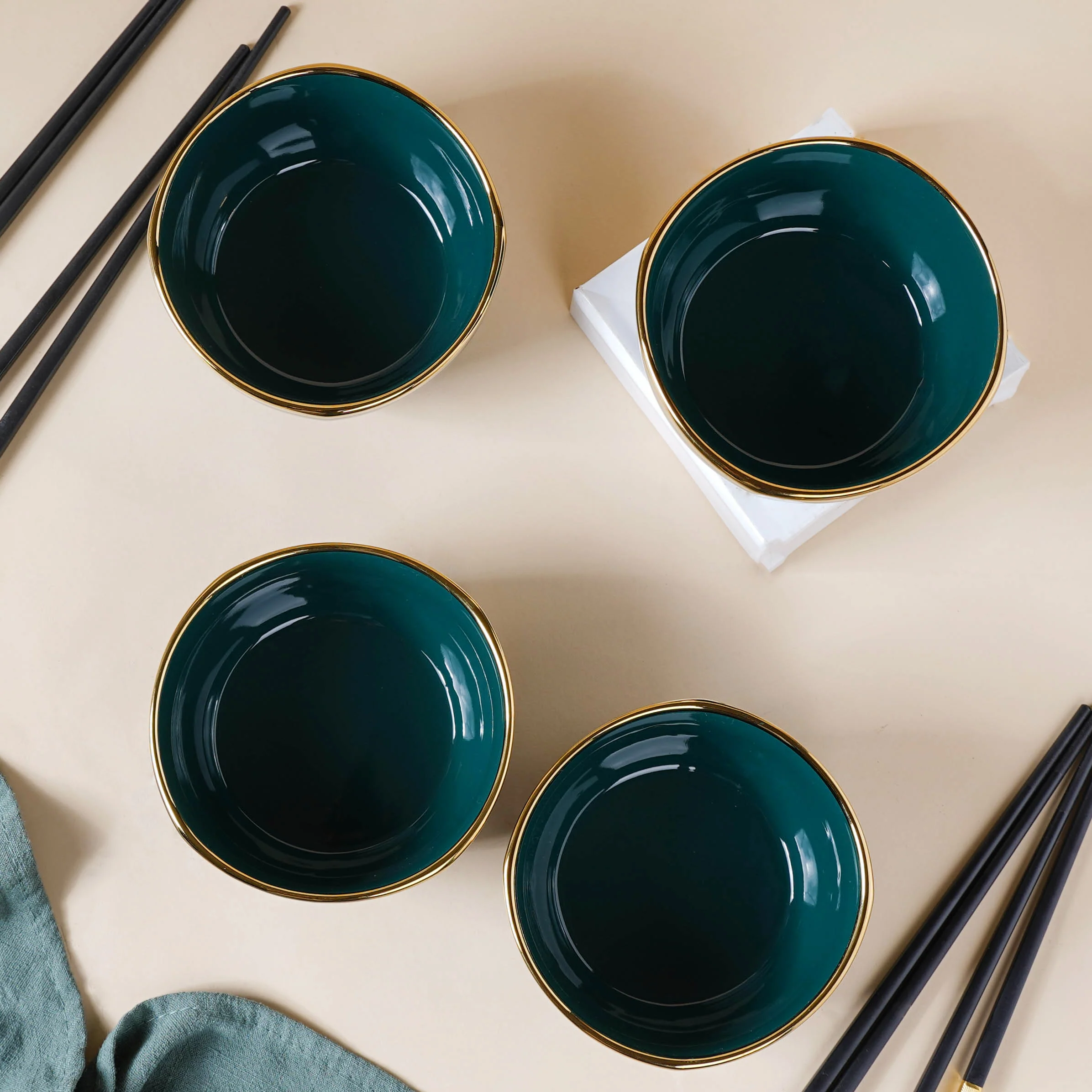 Emerald Snack Bowl Set Of 4 With Chopsticks And Soup Spoons - Image 9