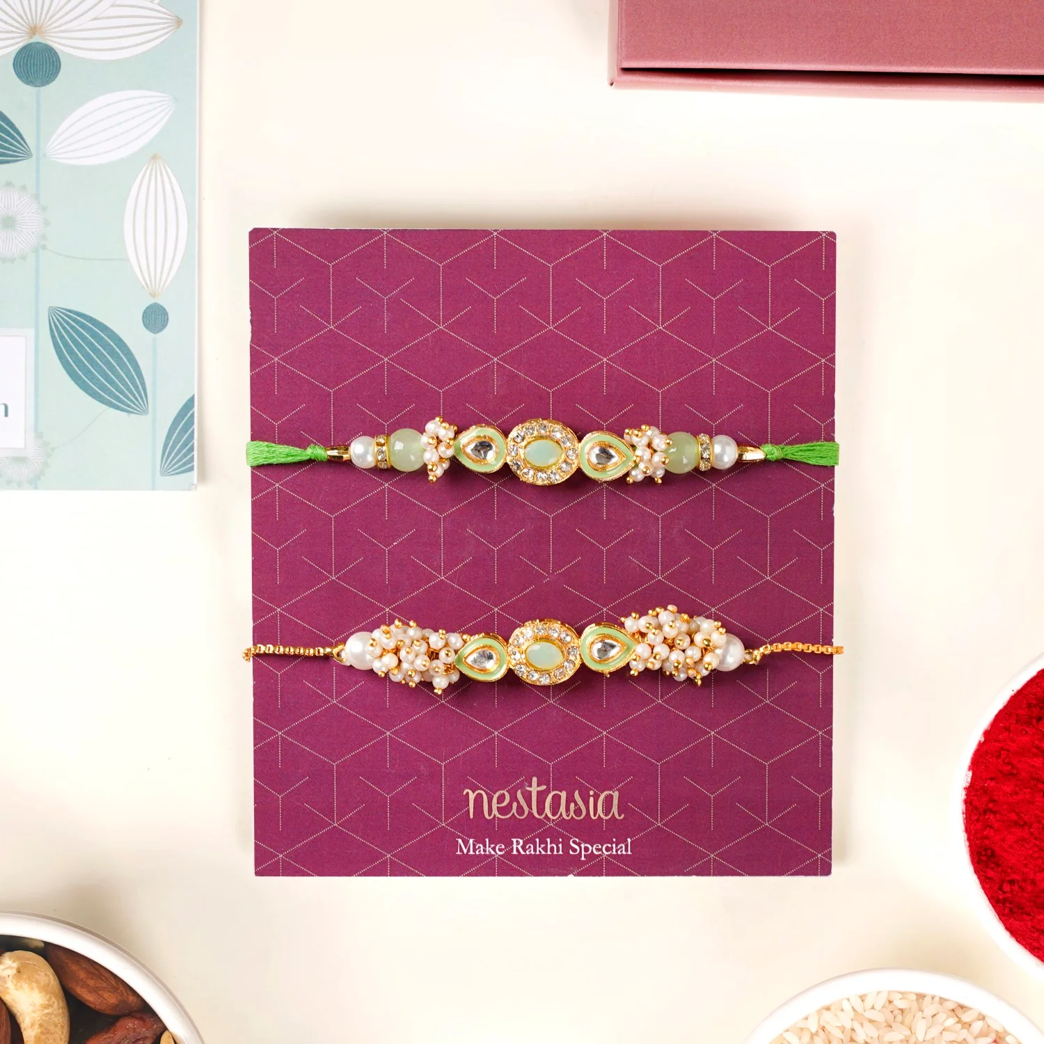 Elegant Green Kundan Rakhi Hamper For Bhaiya Bhabhi - Image 6