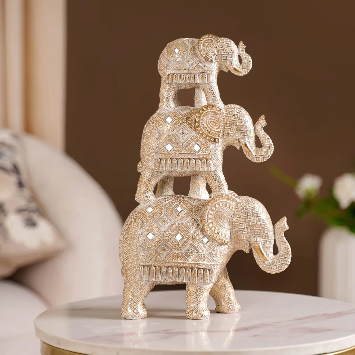 Elephant Family Pyramid With Mirrorwork White