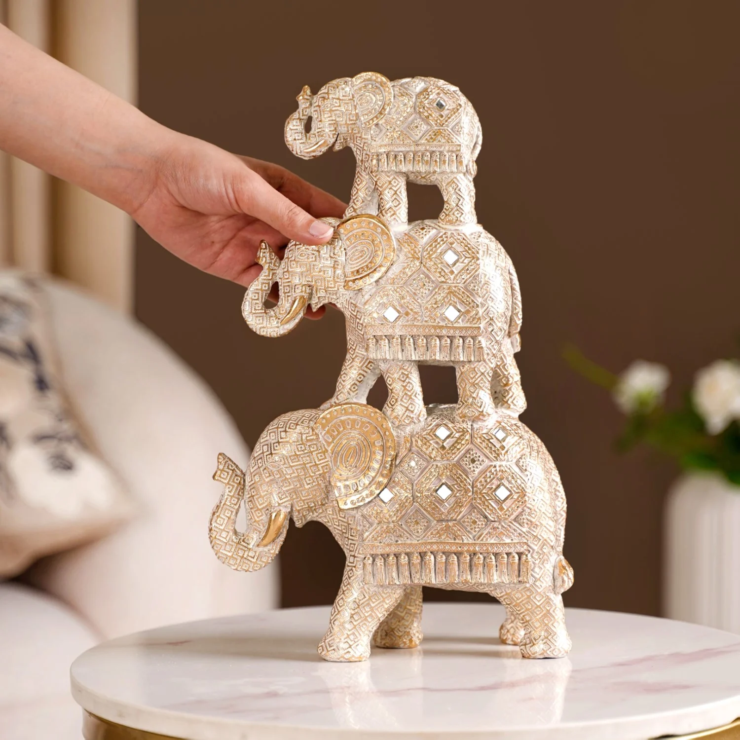 Elephant Family Pyramid With Mirrorwork White - Image 2