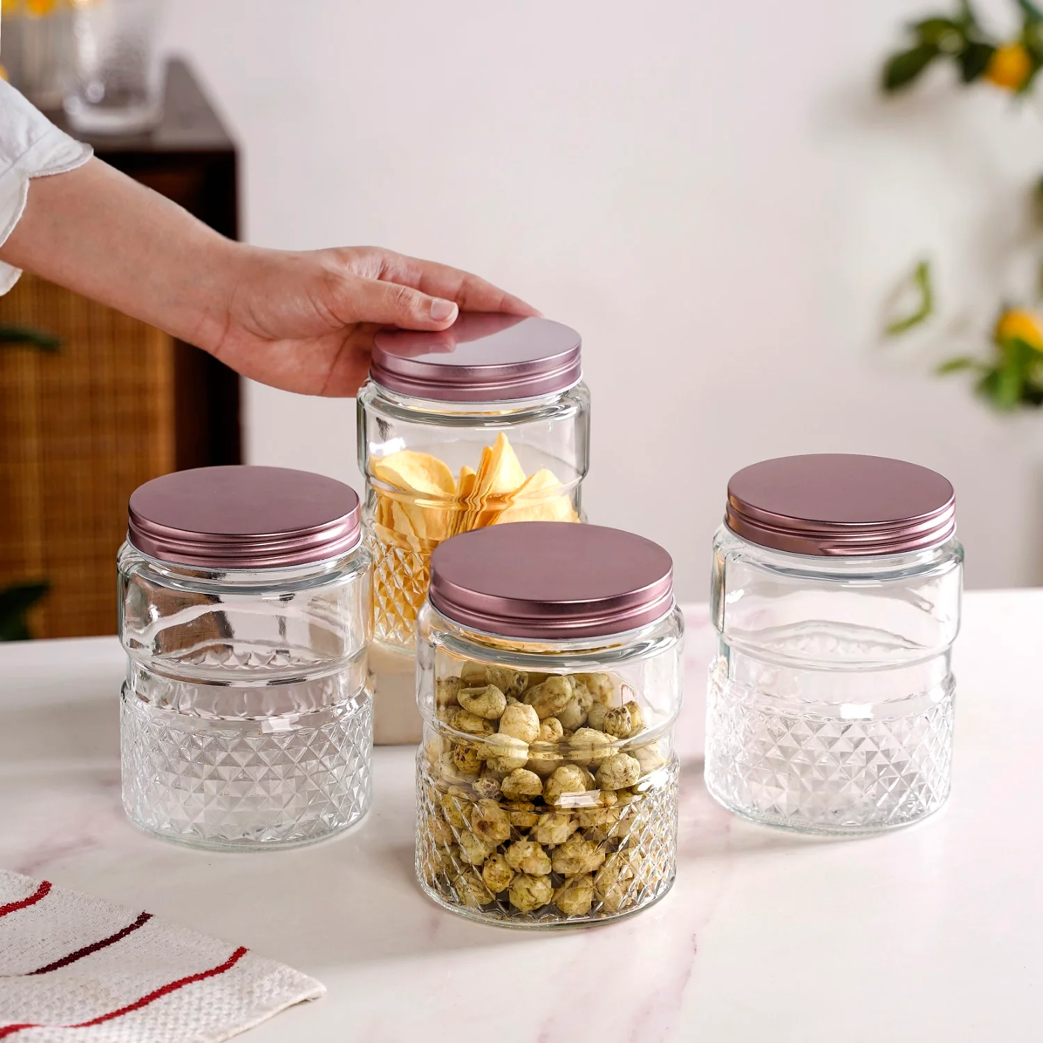 Embossed Glass Jar With Airtight Lid Set Of 4 750ml - Image 2