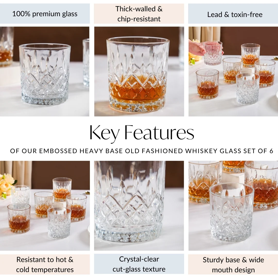 Embossed Heavy Base Old Fashioned Whiskey Glass Large Set Of 6 310ml - Image 6