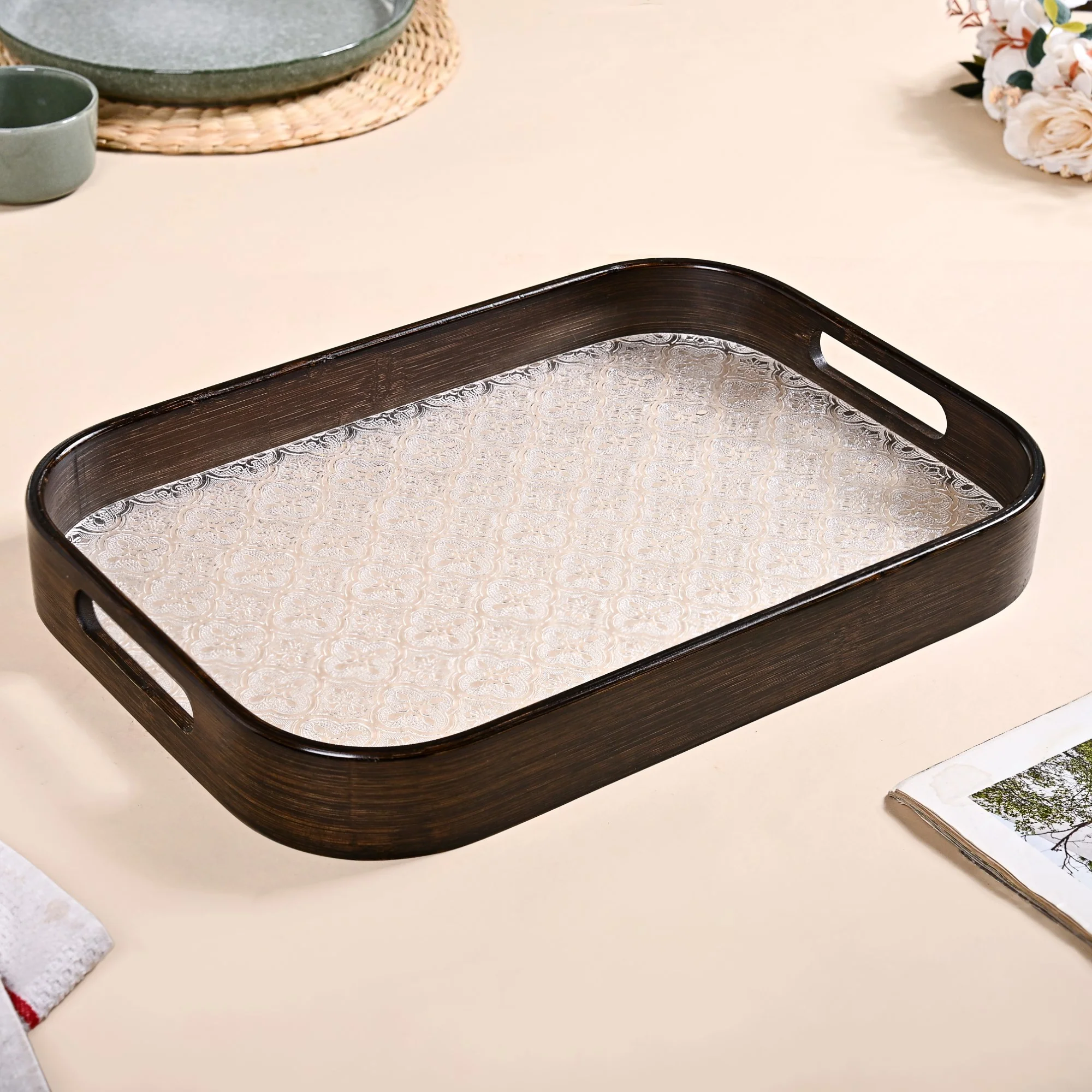 Embossed Serving Tray With Bamboo Wood Frame - Image 8