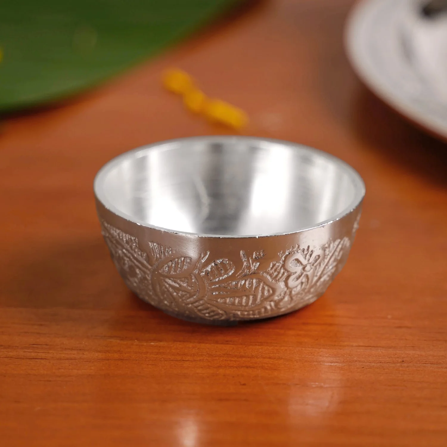 Embossed Silver Pooja Thali Set Of 7 With Kalash Spoon Bowl Bell Diya - Image 10