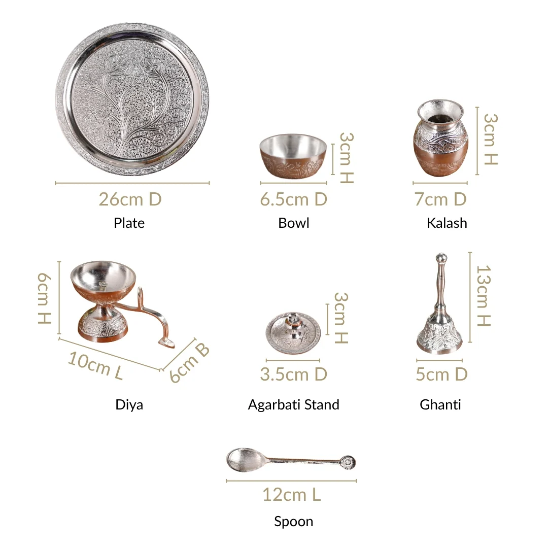 Embossed Silver Pooja Thali Set Of 7 With Kalash Spoon Bowl Bell Diya - Image 4