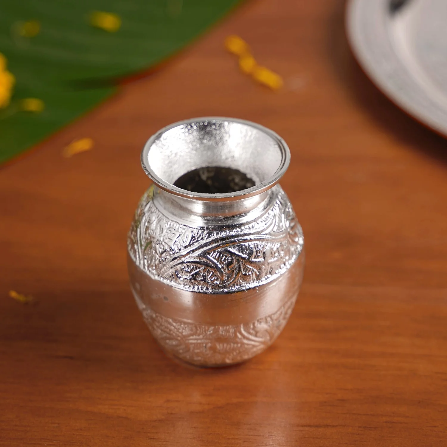 Embossed Silver Pooja Thali Set Of 7 With Kalash Spoon Bowl Bell Diya - Image 7