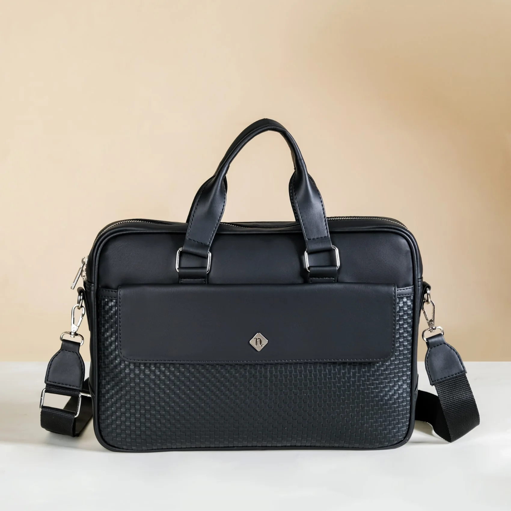 Embossed Vegan Leather Laptop Bag Black - Image 9