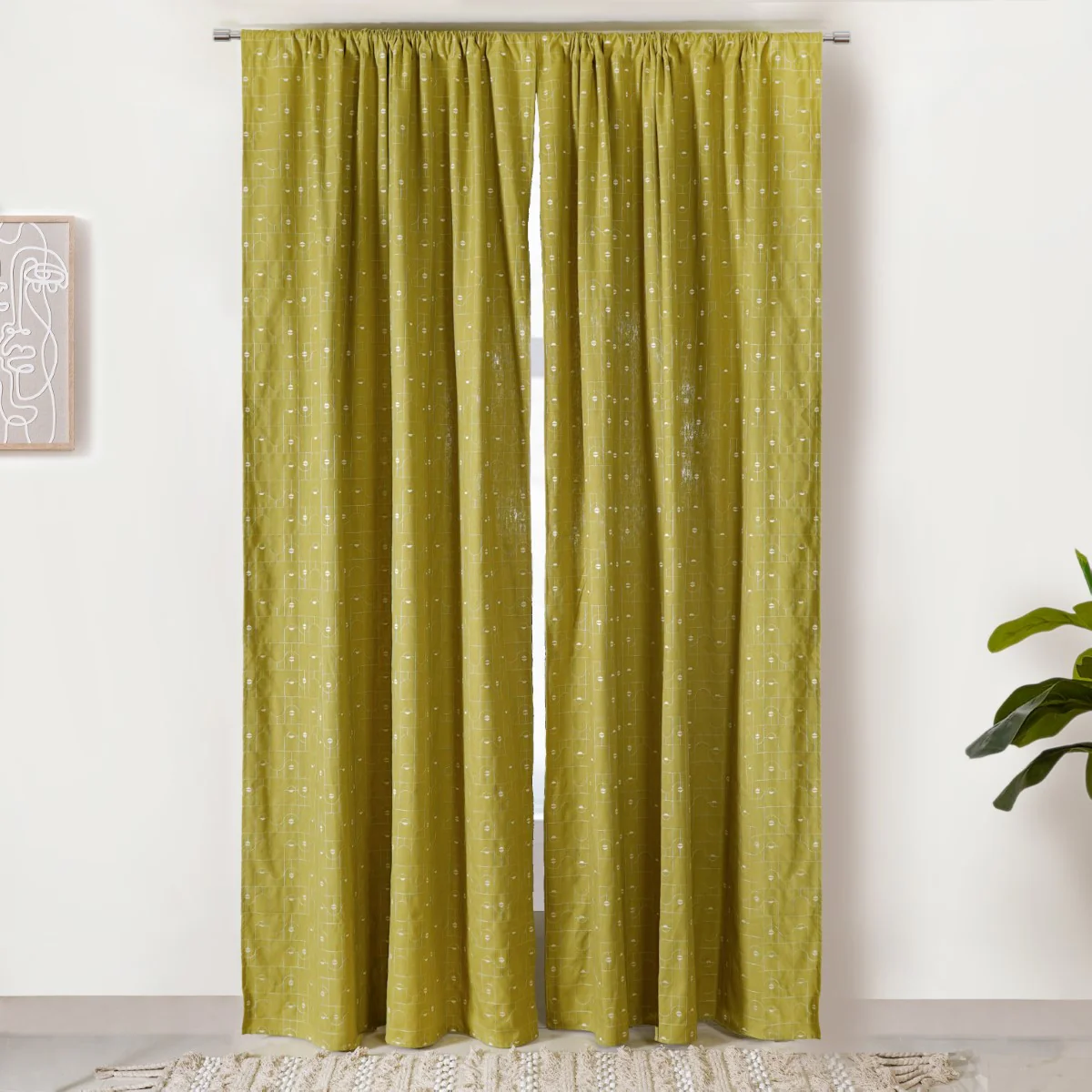 Embroidered Linen Cotton Curtain Set Of 2 Olive Green 108x54 Inch - Image 11