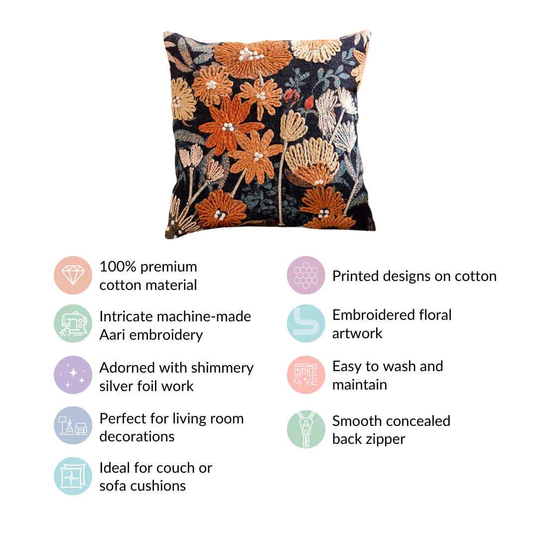 Embroidery on Print Floral Cushion Cover 16x16 Inch - Image 4