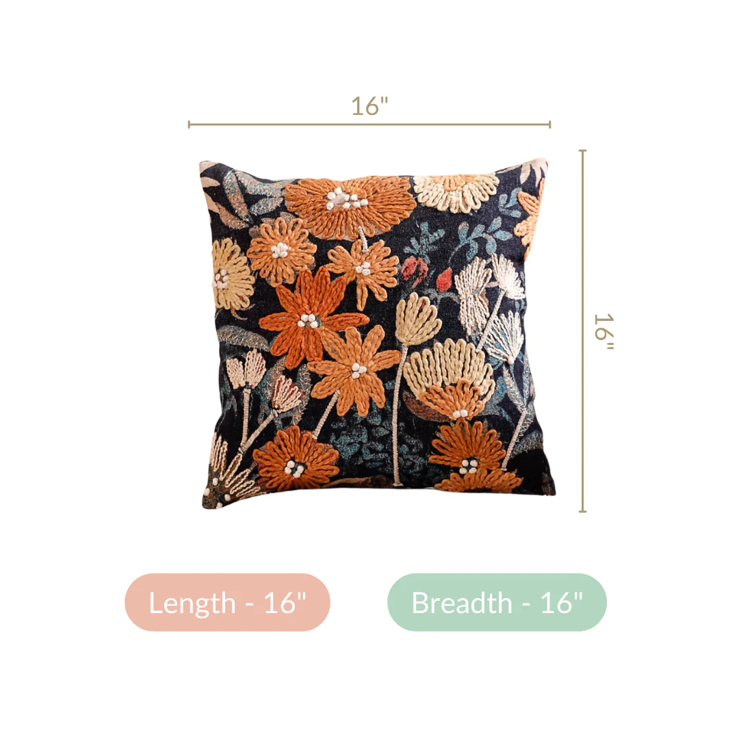 Embroidery on Print Floral Cushion Cover 16x16 Inch - Image 5