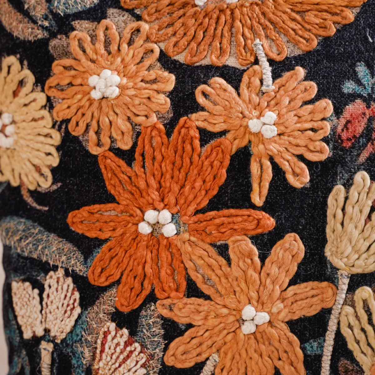Embroidery on Print Floral Cushion Cover 16x16 Inch - Image 6