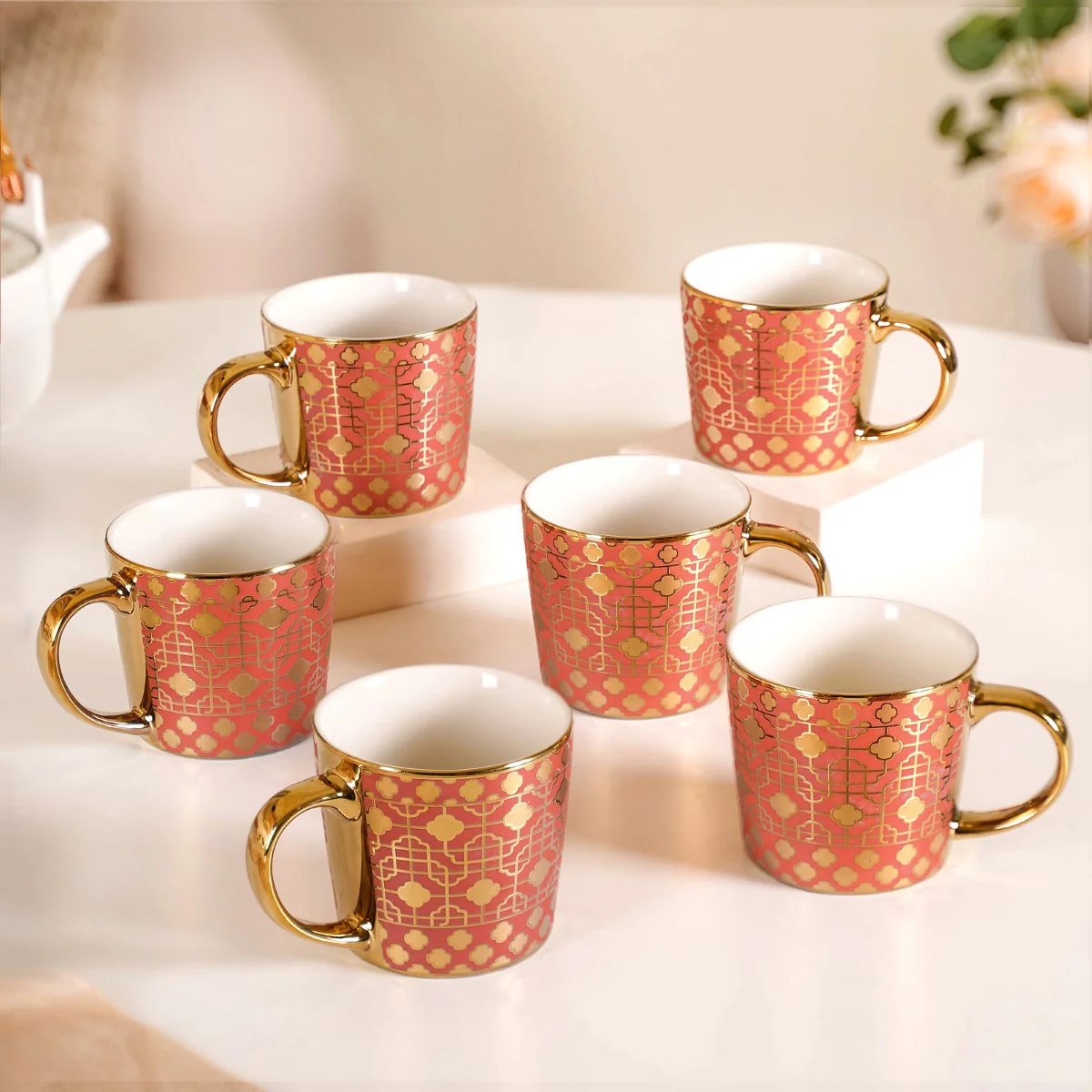Emirati Gold Teacup Set of 6 Coral Pink 280ml