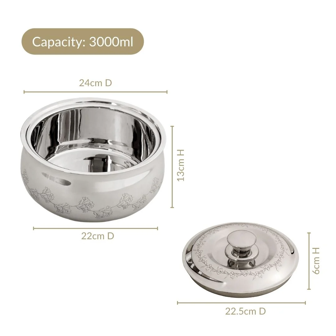 Etched Floral Insulated Stainless Steel Casserole 3000ml - Image 3