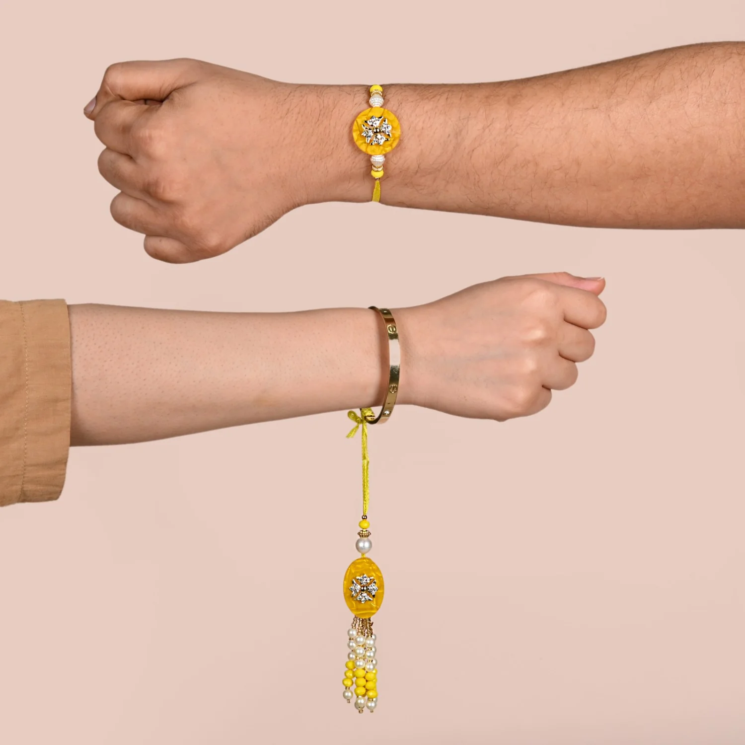 Ethereal Yellow Pearl Rakhi Lumba Gift Set - Image 3