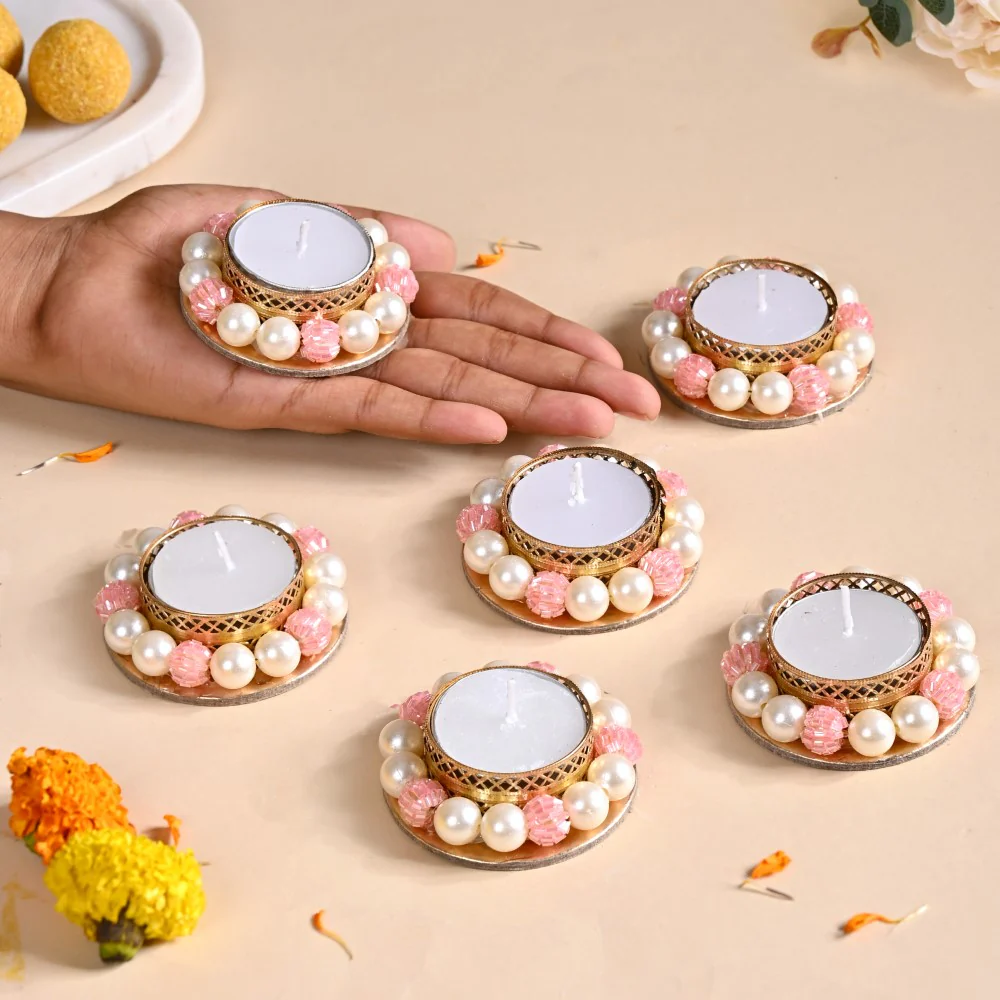 Faux Pearl Bordered Candle Holders With Pink Beads Set Of 6 - Image 2