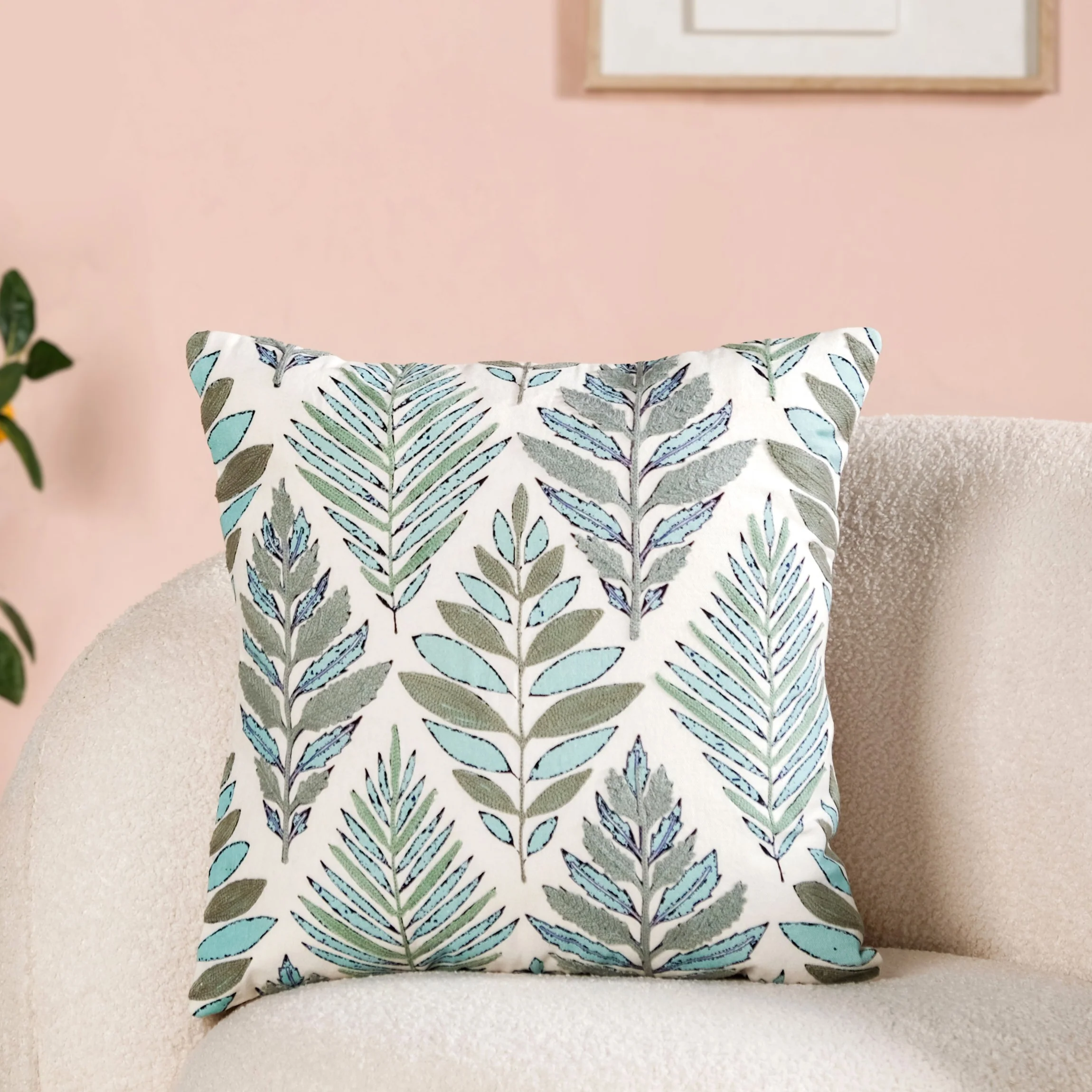 Fern Embroidered Cotton Cushion Cover 50x50cm