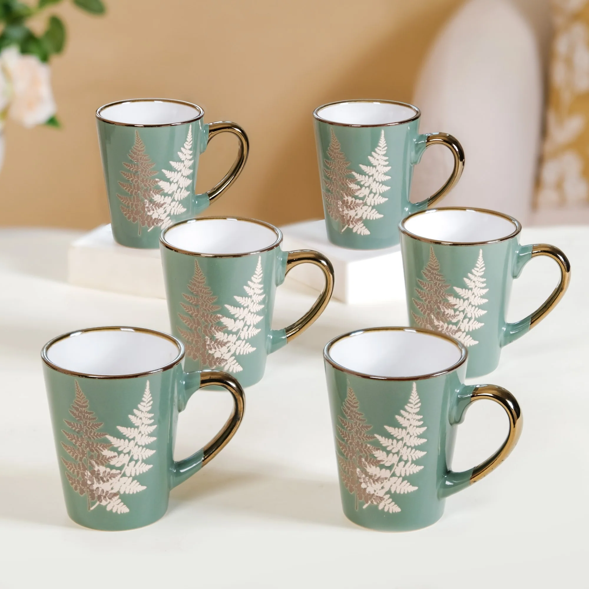 Fern Leaves Coffee Mug Set Of 6 Sage Green 350ml - Image 9